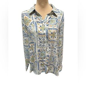 Rose & Olive Floral Tile Button Tunic Long Sleeve Blouse Top Boho Women's  Large